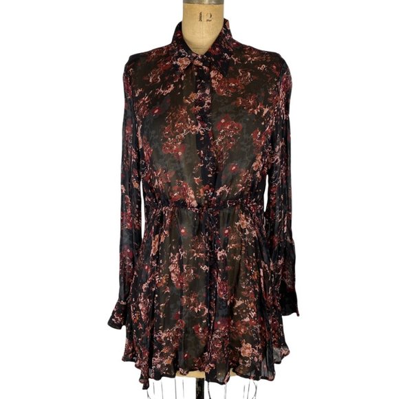 Zara Premium Collection Sheer Floral Button Front Cinched Tie Waist Tunic Size M - Picture 2 of 11